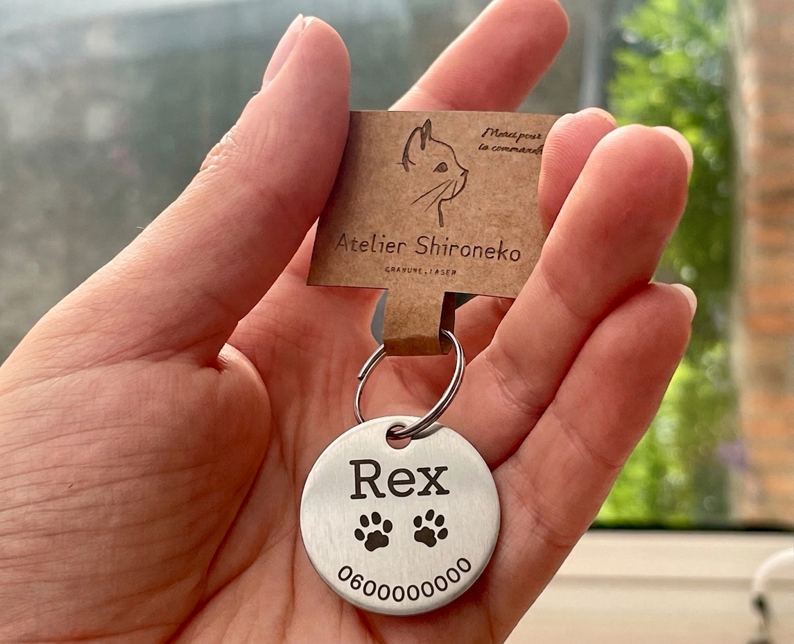 Médaille chien ronde gravée tenue en main, pour montrer sa taille réelle