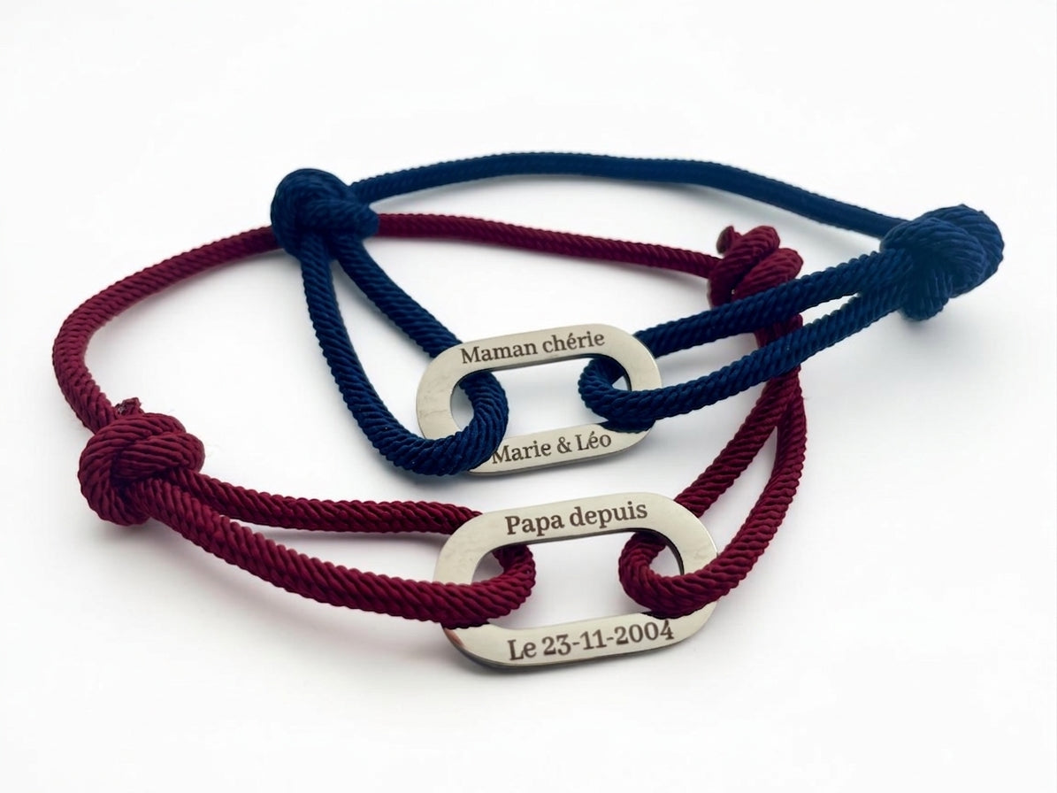 Deux bracelets cordon personnalisés gravés, coloris bordeaux, bleu marine et rouge