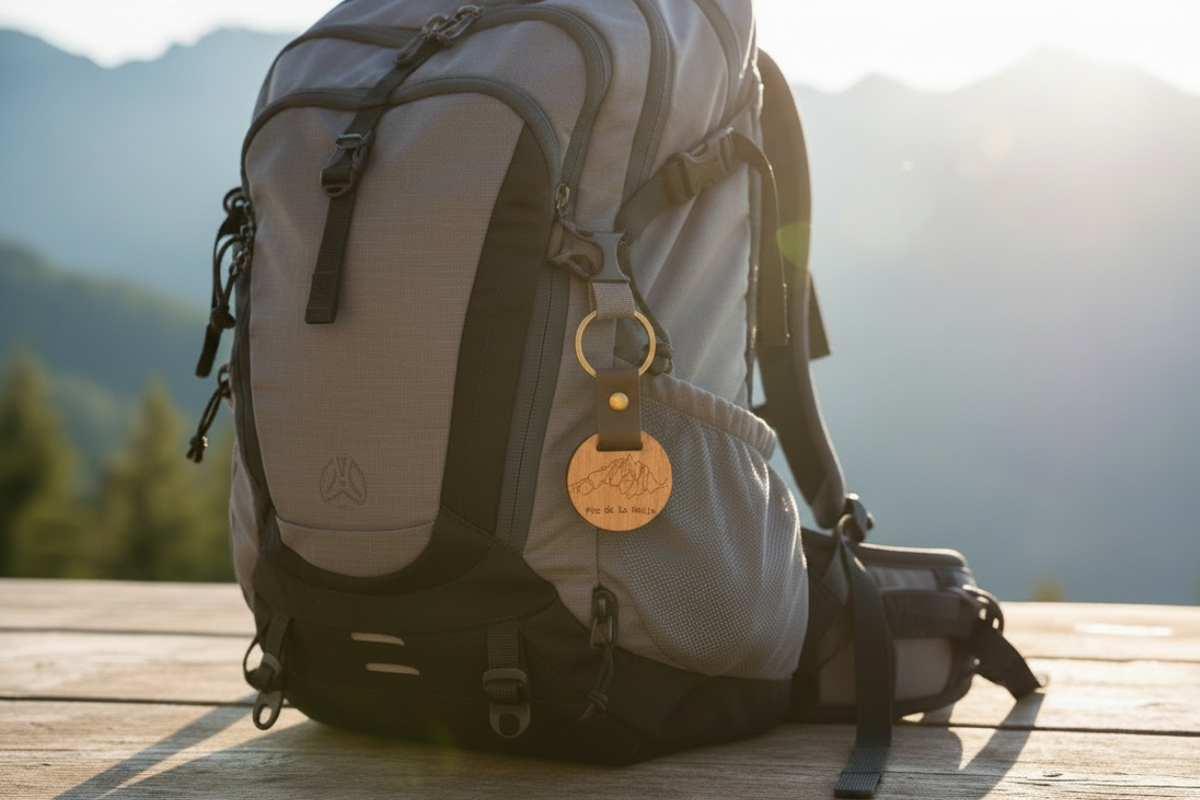 Porte-clés bois montagne accroché à un sac à dos de randonnée, panorama de montagnes