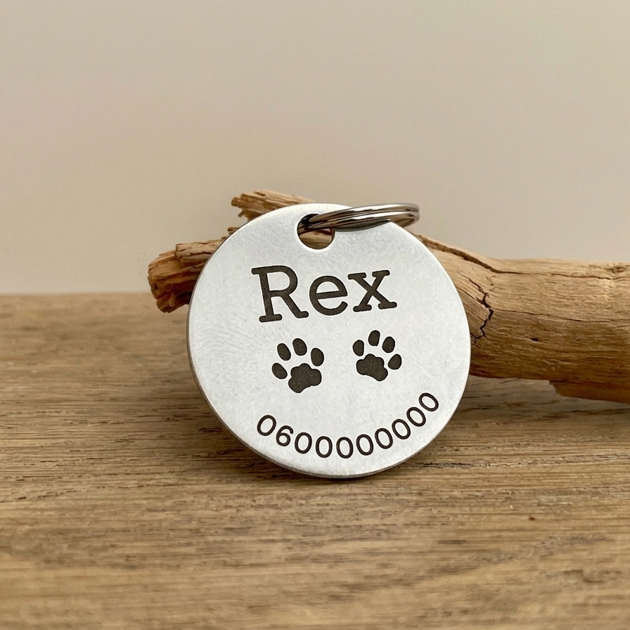 Médaille chien ronde personnalisée gravée du prénom Rex, empreintes de pattes et numéro