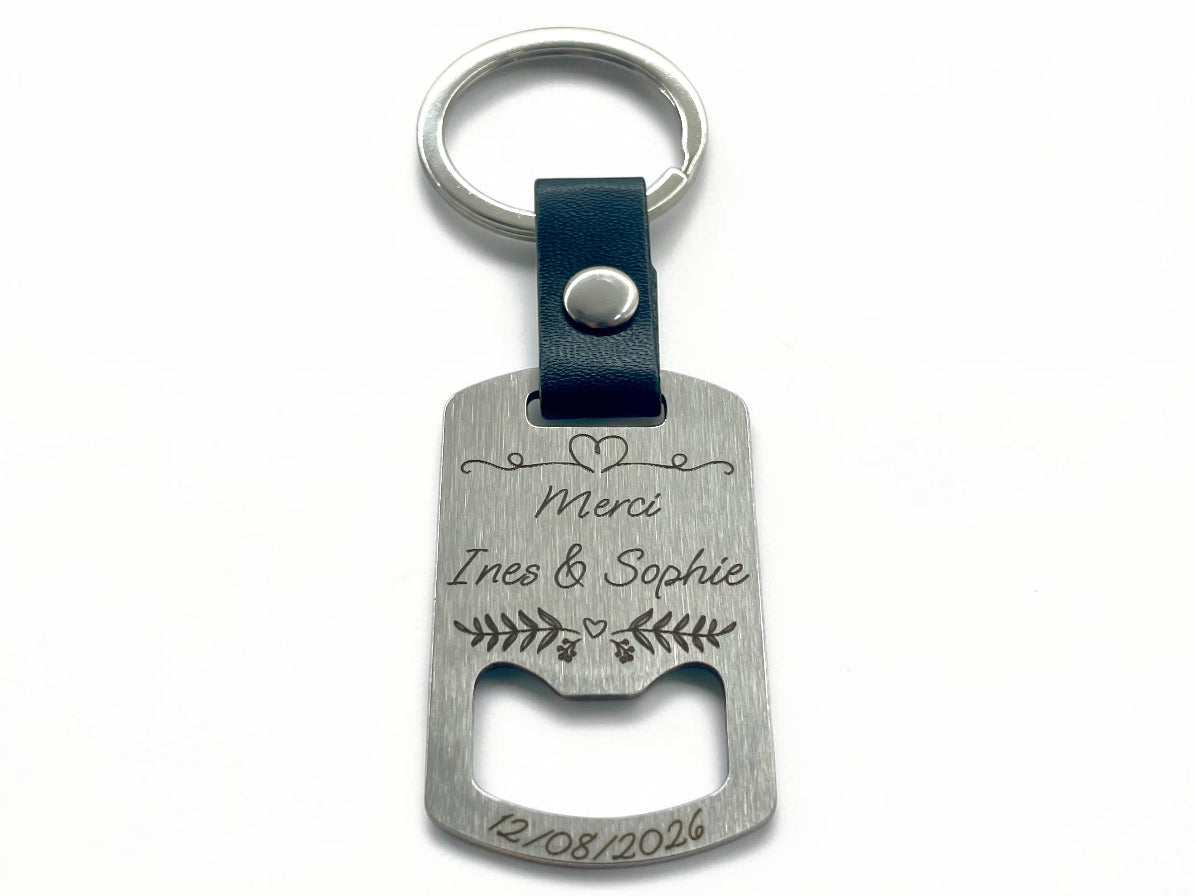 Porte-clés décapsuleur cadeau invités mariage, motif branchages gravé sur acier brossé