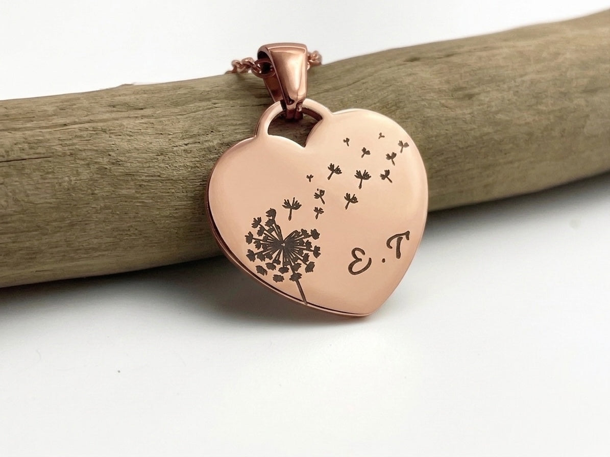 Collier cœur or rose gravé d'un pissenlit avec initiales personnalisées