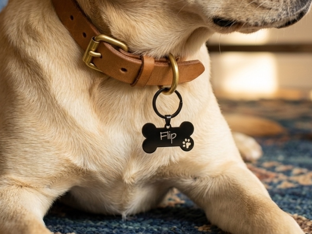 Médaille chien en forme d'os portée au collier d'un labrador sable