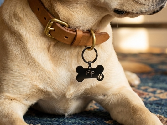 Médaille chien en forme d'os portée au collier d'un labrador sable