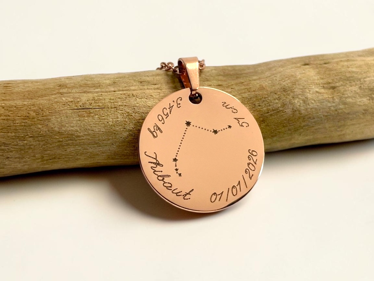 Collier médaille or rose gravée d'une constellation avec prénom et date, posé sur une branche