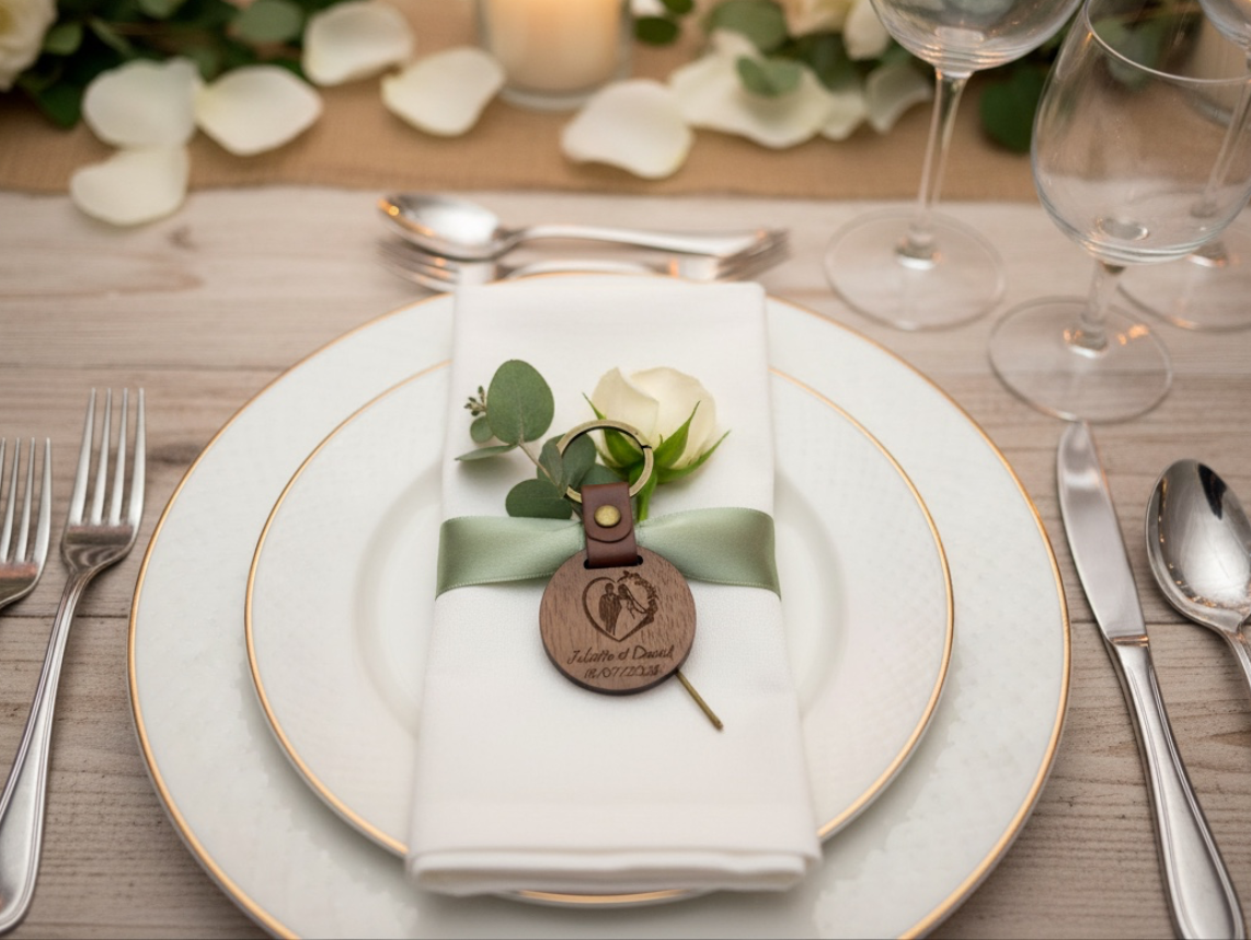 Porte-clés bois cadeau invités posé sur une assiette de table de mariage dressée