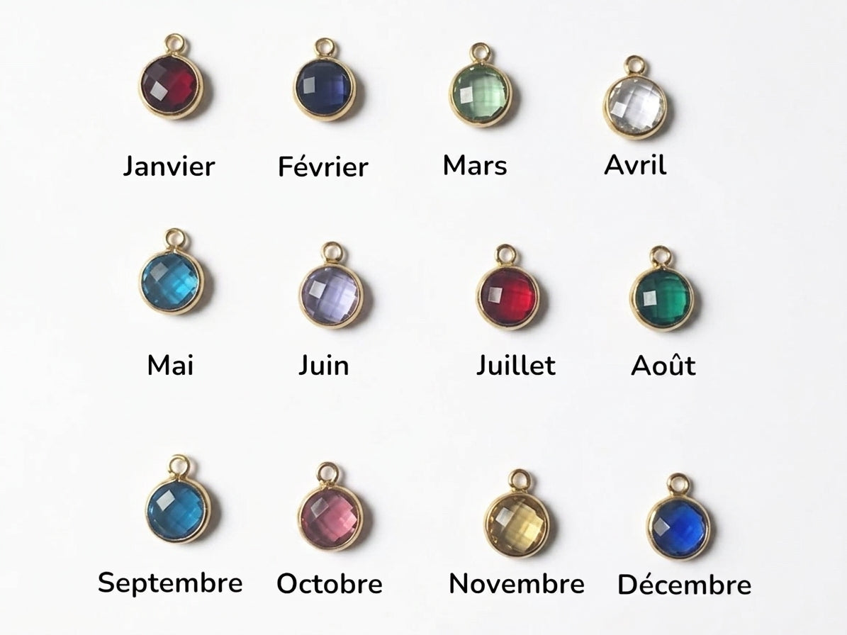 Nuancier des douze pierres de naissance disponibles, de janvier à décembre