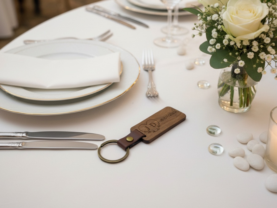 Porte-clés bois cadeau invités posé sur une table de mariage dressée avec fleurs blanches