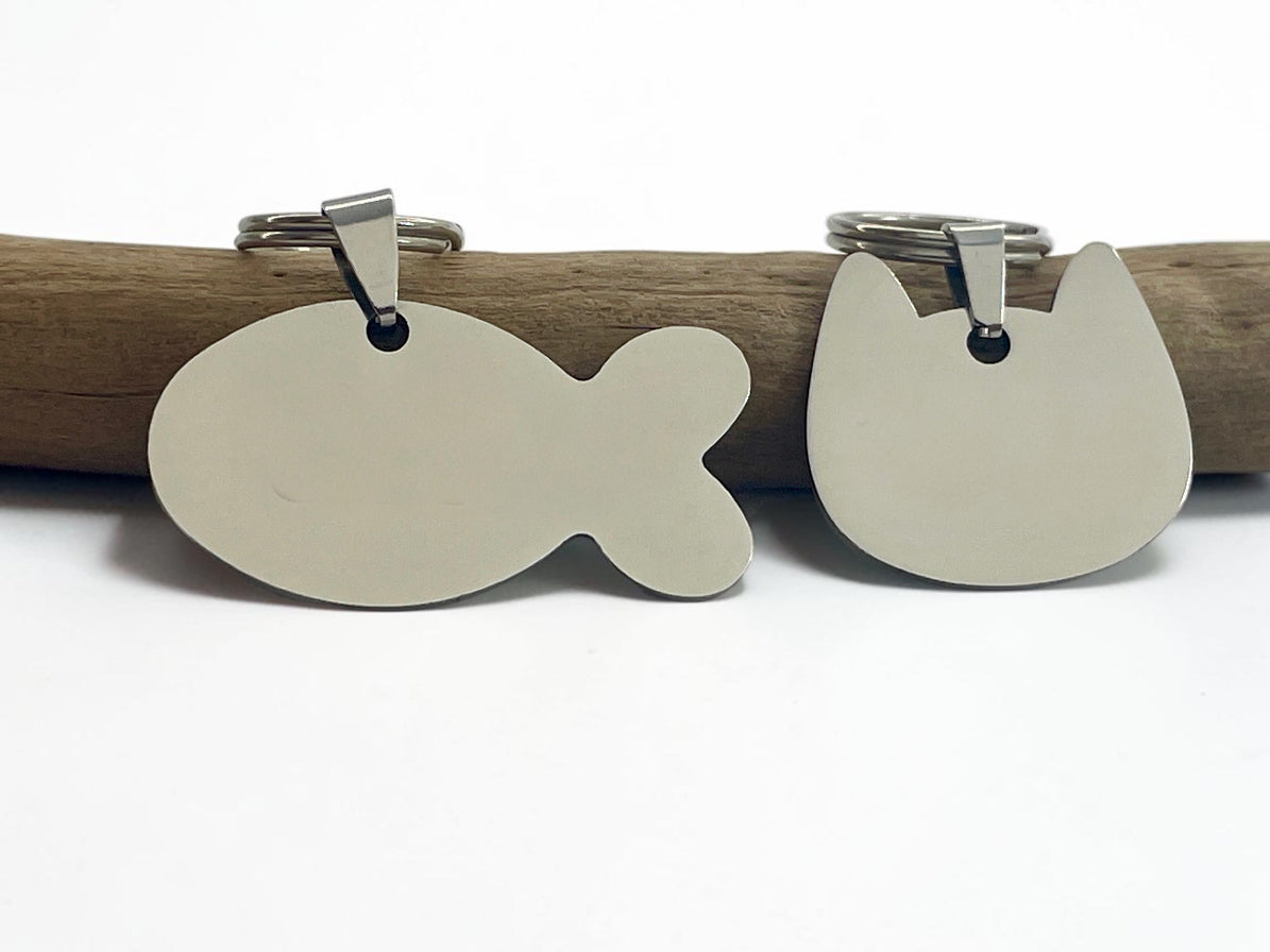 Médailles pour chat en acier, formes poisson et tête de chat, faces vierges prêtes à graver