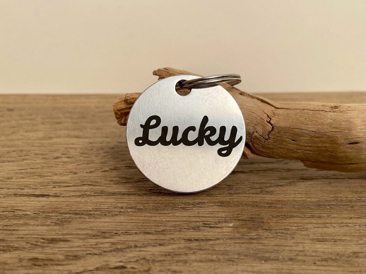Médaille chien ronde gravée du prénom Lucky, posée sur une branche de bois