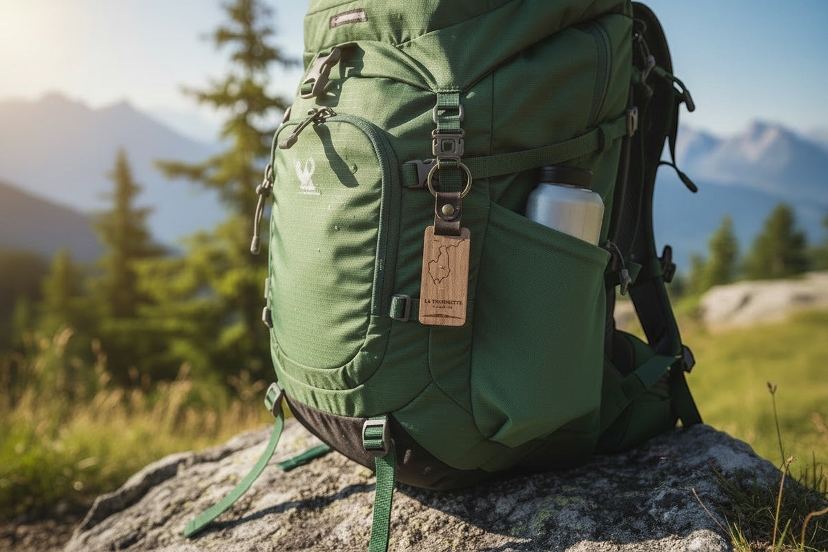 Porte-clé en bois de noyer Atelier Shironeko avec tracé GPS gravé, suspendu à un sac à dos de randonnée vert en montagne